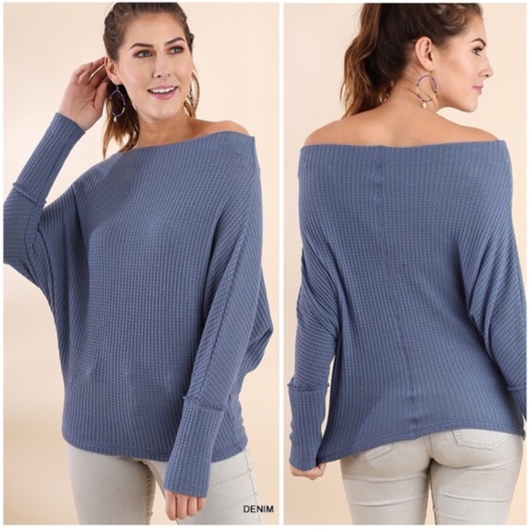 CLEARANCE Denim Blue Knit Off Shoulder Batwing Top - Picture 1 of 4